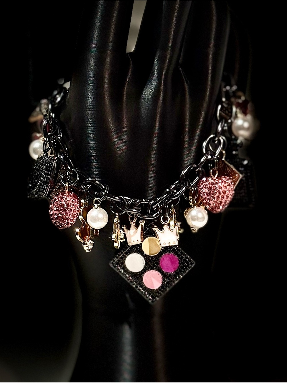 Black Girly Charm Bracelet with Pink and Pearl Accents